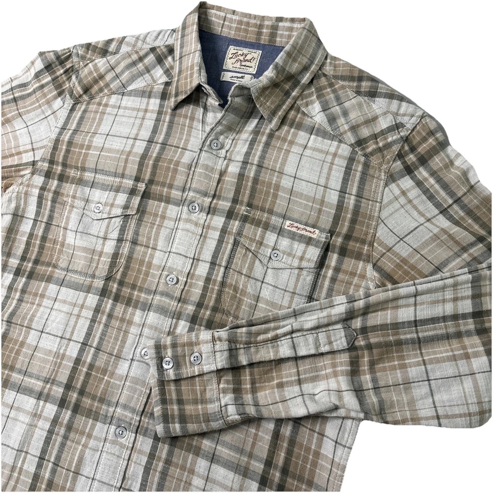 Lucky Brand SMALL Shirt Button Up Cotton Double Layer Lined Mens Beige/green EUC
